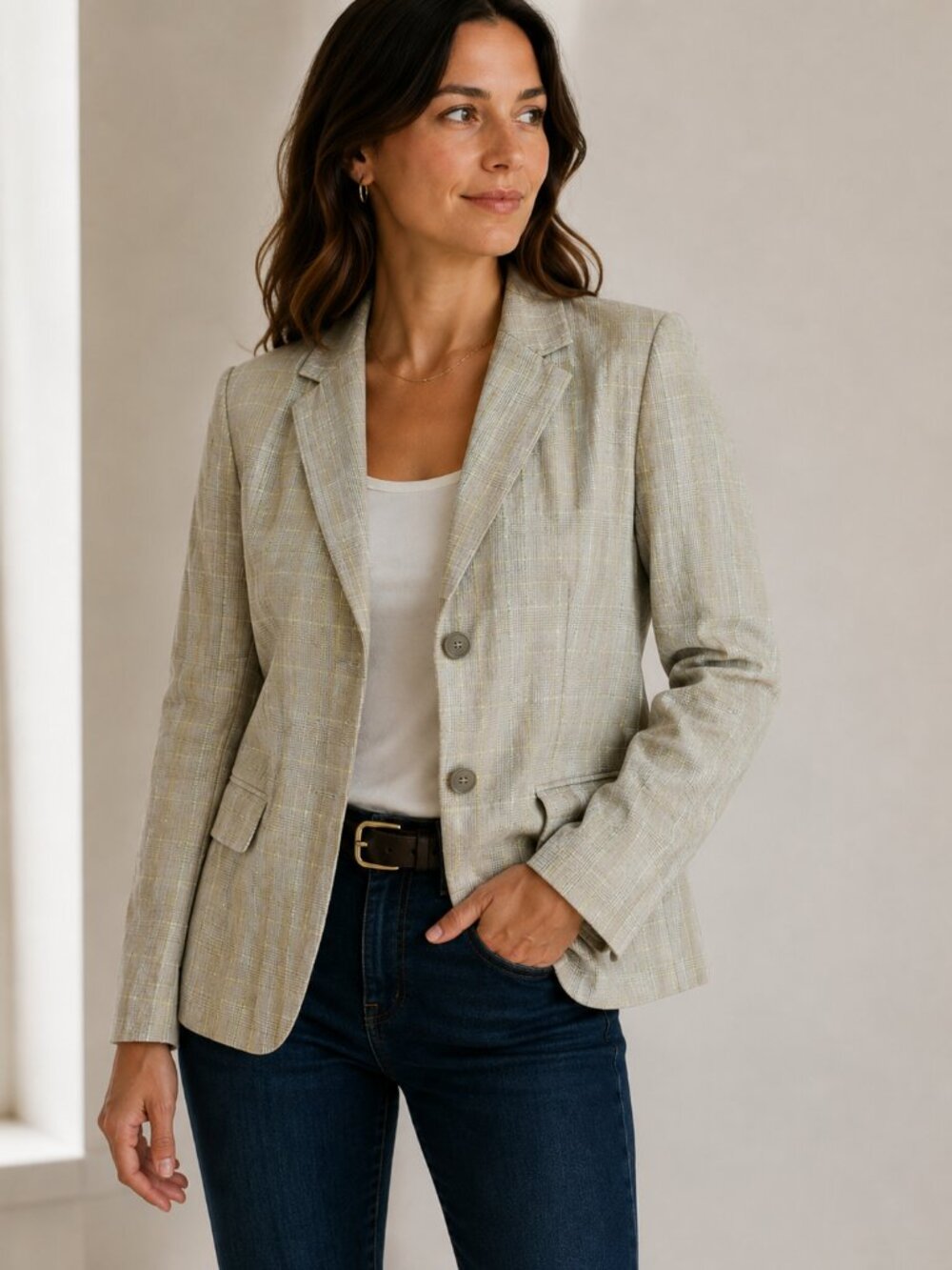 SAMOON Plaid Blazer – Lightweight Neutral Check, Size L